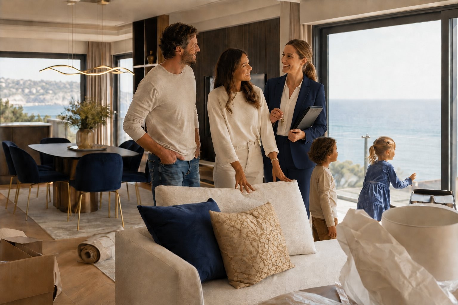 Familia empresaria revisando decisión de aterrizaje, contexto Life Entry
